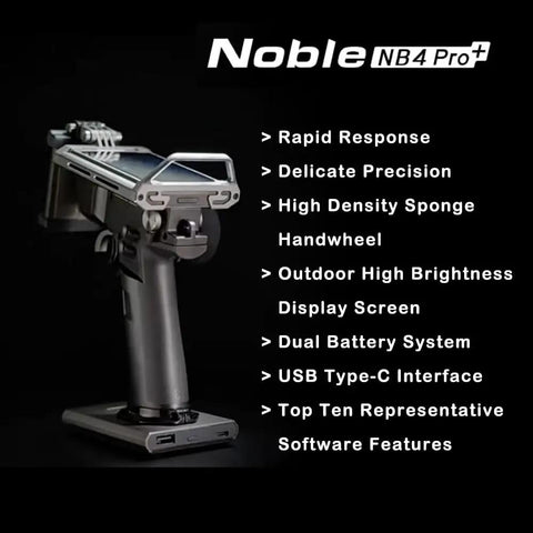 NB4 Pro Plus Beefed Up Remote Controller With 2.4GHz AFHDS 3 Radio, shown with touch screen and features list, for RC cars and boats.