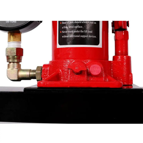 Close-up view of 12 Ton Hydraulic Shop Press With Gauge Bottle Jack For Bending Straightening And Pressing Metal Components Bearings U Joints Bushings And Pulleys Adjustable Ram With Overload Valve Red.