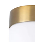 Close-up of glass shade and antique bronze finish of Elevate Four Light Bath Vanity Light In Antique Bronze With Glass Shades, Space Age Mid Century Modern Style, Brushed Bronze And Chrome Finish Options, Perfect For Modern Baths And Retro Chic Dope Vibe.