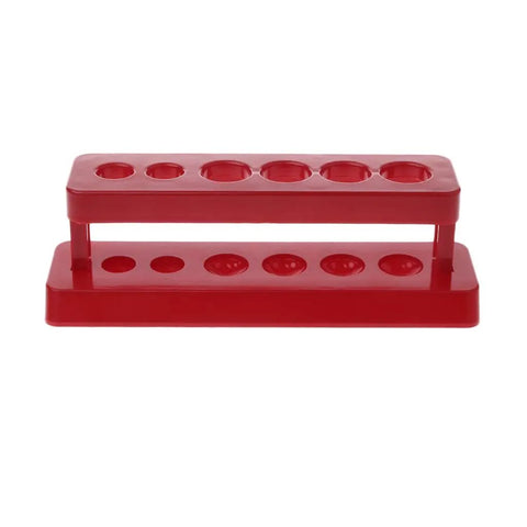 Red Six Hole Test Tube Holder Rack Portable Plastic Stand For Lab Burette Shelf, front view, classroom teaching tool