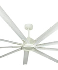 No Sweat Cooling 96 Inch HVLS Smart Ceiling Fan Indoor Outdoor Pure White WiFi Voice Control visible from below with white blades.