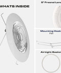 6 Inch Fresnel Glass Shower Light Lens With White Trim For Wet Locations UL Listed 60 Watt Max, includes gasket and hooks