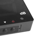 Close-up of the 9.6 Inch LCD Digital Sound Level Meter With Wall Mount showing control buttons and dB display. USB Powered Noise Tester.