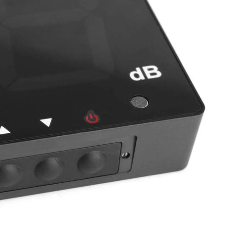 Close-up of the 9.6 Inch LCD Digital Sound Level Meter With Wall Mount showing control buttons and dB display. USB Powered Noise Tester.