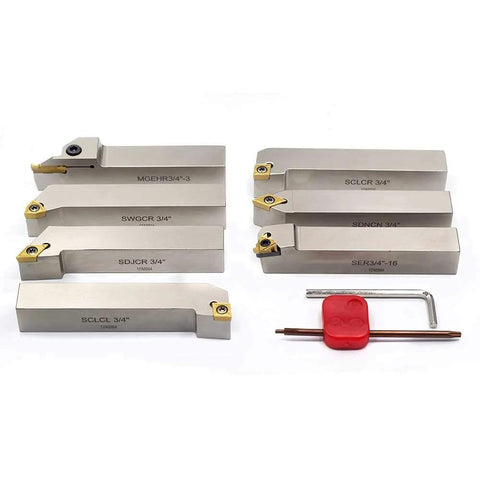 Oscarbide 3/4 in shank nickel-plated indexable lathe tool holders with tin-coated carbide inserts, 7-piece set