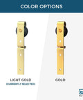 Color options for Gold Bi Fold Barn Door Hardware Kit With Heavy Duty Metal Track System And Matching Knobs, light gold and gold finishes.