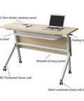 Lightweight Folding Mobile Computer Desk With Locking Wheels Steel Flip Frame Laptop Station showing adjustable height, metal shelf, and wooden privacy panel.