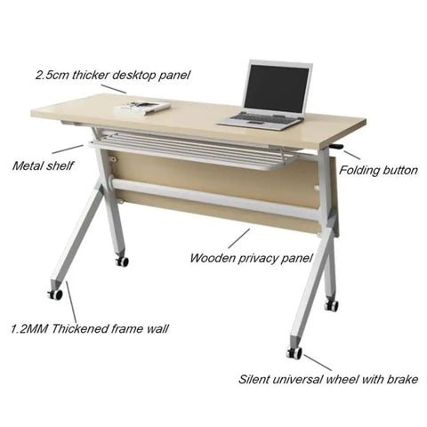 Hella Smooth Rolling Steel Foldable Mobile Desk With Locking Casters Lightweight Computer Workstation, features 2.5cm thick panel, metal shelf.