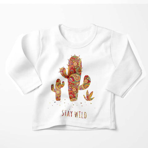 White T-shirt with boho cactus design from Sublimation Transfer Sheets Pack 12x12 Boho Pattern 12 Pcs Pre Printed Paper For Mug Heat Press Coasters And DIY T Shirts Seamless Edges Bright Vivid Prints.