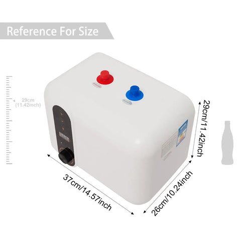 2.6 Gallon Electric Mini Tank Water Heater Equipped With Solid Stainless Steel Core For Compact Under Sink Placement Quick Warm Water Relief In Kitchens Or Rvs Featuring No Sweat Setup And Plug And Play Wiring, showing size reference with dimensions.