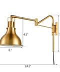 Plug In Gold Swing Arm Wall Sconces Set Of Two Modern Brass Finish Wall Lamps with white dome shade and dimensions