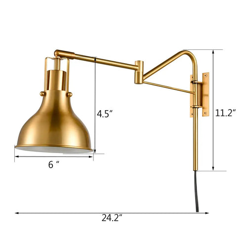 Plug In Gold Swing Arm Wall Sconces Set Of Two Modern Brass Finish Wall Lamps with white dome shade and dimensions
