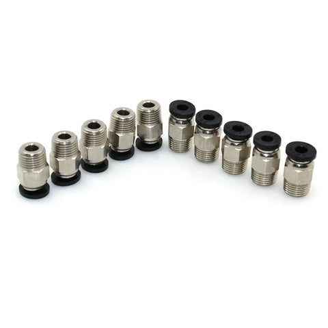 Male Straight Pneumatic Push-In Connector For 4mm PTFE Bowden Tubing, M10 Thread, Stainless Steel Quick-Fit For E3D V6 Bowden Extruder, 3D Printer, Pack Of 10, shown in a row