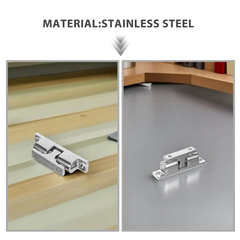 Stainless Steel Marine Boat Door Catch Latch Kit For Yachts Campers And Patios Perfect 3 Piece Silver Holder Set Easy Install Vessel Hardware on a wooden and a gray surface.