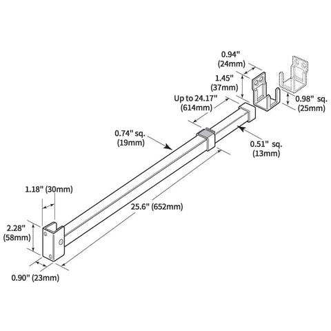 Diagram showing dimensions of Window Security Bar Adjustable From 28 Inches To 48 Inches For Patio Doors Sliding Doors And Double Hung Windows.
