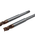 Two 1/4 in reduced-shank router end mills, 5/16 in, 37° helix, 3-flute, solid carbide, ZRN coated for aluminum