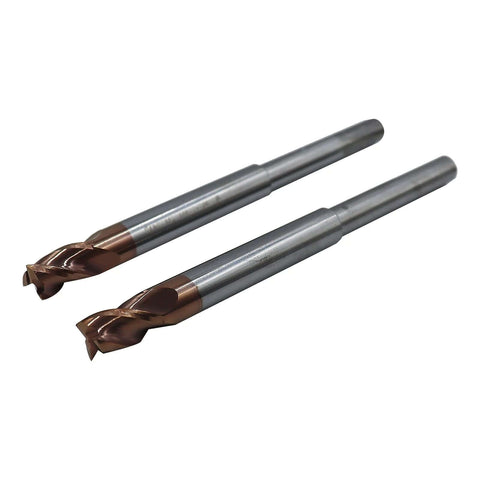 Two 1/4 in reduced-shank router end mills, 5/16 in, 37° helix, 3-flute, solid carbide, ZRN coated for aluminum