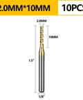 TiN-coated carbide end mills set, 2.0mm diameter x 10mm length, 1/8" shank, 10pcs