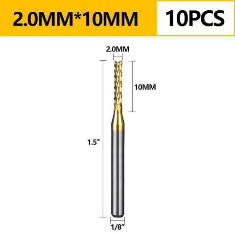 TiN-coated carbide end mills set, 2.0mm diameter x 10mm length, 1/8" shank, 10pcs