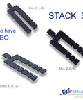 Three black plastic shims of varying sizes, labeled, for precise leveling in construction, Built Tough Plastic Structural Shim Horseshoe Leveler U Shape Window Door Spacer 3 By 4 By 1 4 Inch Thick Blue Pack Of One Hundred Heavy Duty Adjustable Thickness Top Notch Made In Usa Grade.