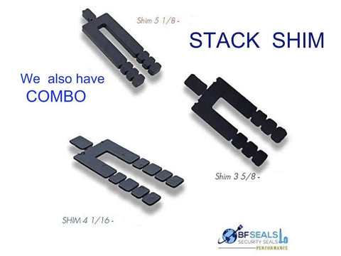 Three black plastic shims of varying sizes, labeled, for precise leveling in construction, Built Tough Plastic Structural Shim Horseshoe Leveler U Shape Window Door Spacer 3 By 4 By 1 4 Inch Thick Blue Pack Of One Hundred Heavy Duty Adjustable Thickness Top Notch Made In Usa Grade.