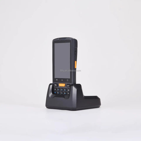 Hardcore Rugged PDA With Numeric Keypad And Swift 2D Scanner, Industrial Android 9 handheld computer in charging dock.