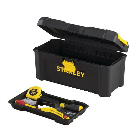 Essential 16 Inch Toolbox in Black and Yellow With Top Organizers, Handy Tool Tray And Side Access, Geometric Lock Latch, Pad Eye Lock