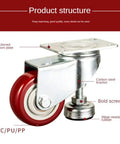 Heavy Duty Two Inch Leveling Plate Caster Wheels With Adjustable Anti Vibration Pads For Furniture Tough As Nails Construction Non Marking Rollers No Fuss Installation Always Ready To Go close-up of caster wheel with red PVC tread and carbon steel bracket.