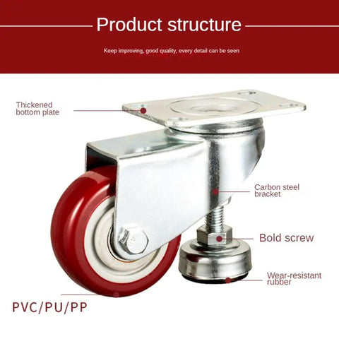 Heavy Duty Two Inch Leveling Plate Caster Wheels With Adjustable Anti Vibration Pads For Furniture Tough As Nails Construction Non Marking Rollers No Fuss Installation Always Ready To Go close-up of caster wheel with red PVC tread and carbon steel bracket.