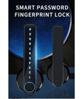 Slick Smart Door Lock Handle Featuring Quick Match Fingerprint And Private Code Remote Unlock Keyless Entry For House Doors Next Level Electronic Security Totally Legit, showing a sleek dark design with digital keypad and fingerprint scanner.