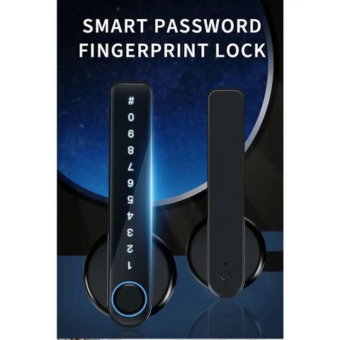 Slick Smart Door Lock Handle Featuring Quick Match Fingerprint And Private Code Remote Unlock Keyless Entry For House Doors Next Level Electronic Security Totally Legit, showing a sleek dark design with digital keypad and fingerprint scanner.