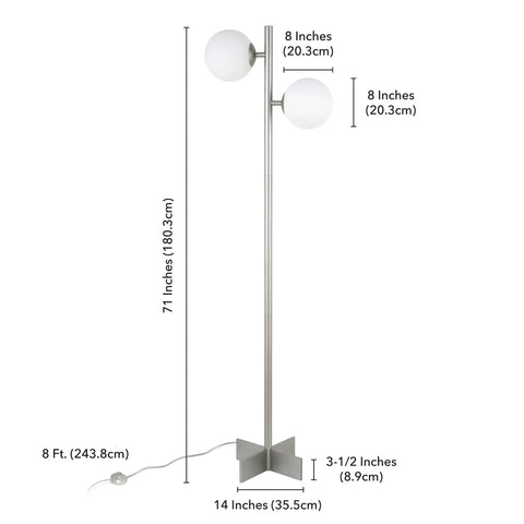 Two Light Floor Lamp With Glass Shade In Nickel And White Milk Finish, 70.5 Inch Standing Lamp With 14 Inch Square Base, 8 Ft Cord