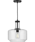 Latrobe Collection 1 Light Clear Glass Coastal Pendant Light in Matte Black with bottle-shaped shade.