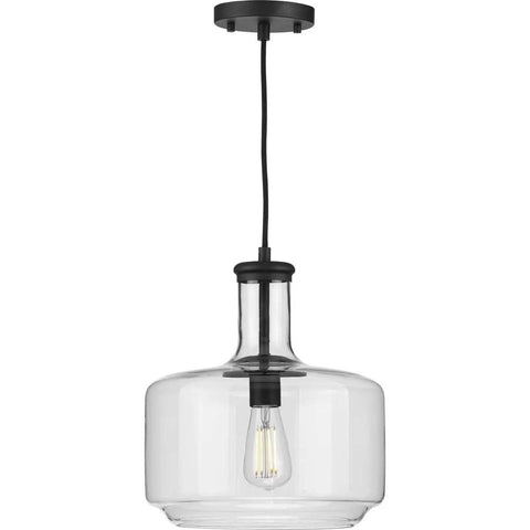 Latrobe Collection 1 Light Clear Glass Coastal Pendant Light in Matte Black with bottle-shaped shade.