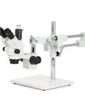 Simul-Focal 3.5X-45X Stereo Zoom Microscope With Lockable Zoom 0.5X Barlow 6.5 Inch Working Distance Greenough Optics Heavy-Duty Multi-Pivot Boom Stand For Lab And Field Detail, white boom stand