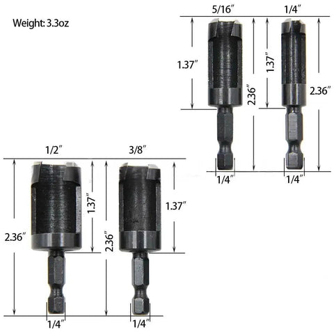 Heavy Duty Wood Plug Cutters Drill Bit Set With Quarter Inch Hex Shank showing measurements of straight and tapered carbon steel bits.