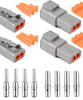 Waterproof DTP 2 Pin Connector Kit for 12 to 14 AWG Wire, Durable PA66 Nylon, with solid size 12 contacts, shown with terminals.
