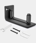 Heavy Duty Sliding Barn Door Floor Guide With Adjustable Rollers including steel bracket, plastic rollers, setup tools, and screws.