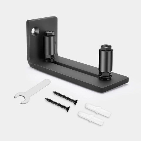 Heavy Duty Sliding Barn Door Floor Guide With Adjustable Rollers including steel bracket, plastic rollers, setup tools, and screws.