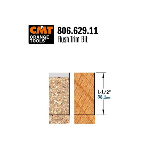 Heavy Duty Half Inch Shank Flush Trim Router Bit With Matching Ball Bearing, shown with laminated wood detail.