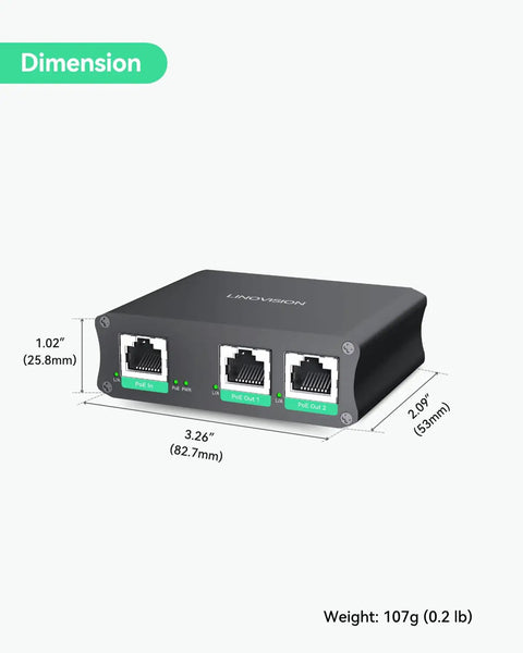 Heavy Duty 2 Port Gigabit PoE Extender With Passthrough And Split 30W To Two PoE Cameras dimensions view