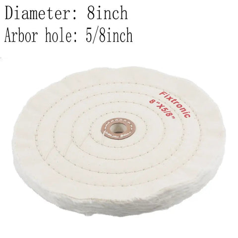 2 Pack 8 Inch Cotton Buffing Wheels With Five Eighth Inch Arbor For Bench Grinder Jewelry Polishing Kits High Density Buffing Cotton For Pro Grade Finishes Today, showing close-up of one wheel with labeled dimensions.