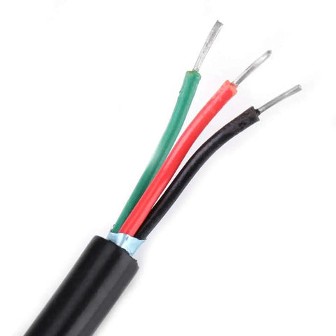 Close-up of black cable with exposed red, green, and black wires