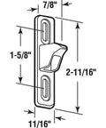 Diagram of Chrome Plated Diecast Sliding Door Keeper For Flush Style Patio Door Handles with dimensions and adjustable screw slots