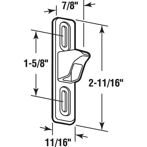 Diagram of Chrome Plated Diecast Sliding Door Keeper For Flush Style Patio Door Handles with dimensions and adjustable screw slots