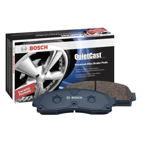 Bosch QuietCast rear ceramic brake pads for Toyota Highlander, two pads with box visible.