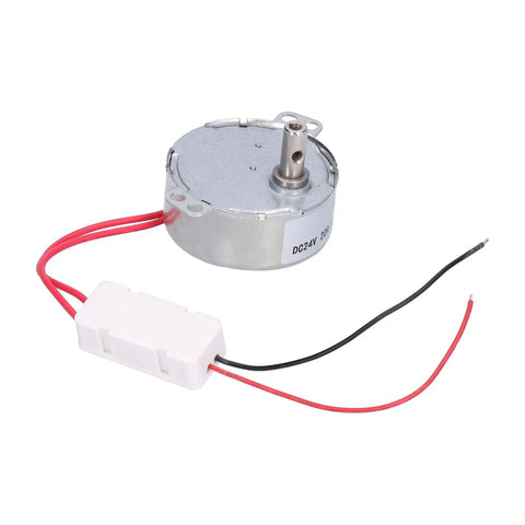 Heavy Duty 24 Volt DC Motor For Fans Heaters And Stands With Super Smooth 20Rpm Speed And Reversible Cw Ccw Rotation To Fix Your Appliances Fast, showing metal body and wires.