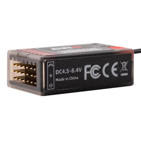 ExpressLRS 2.4GHz 6 Channel PWM Receiver for FPV drones, showing side view with voltage range and compliance logos