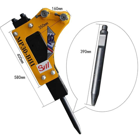 Workhorse Heavy Duty 1-1.5 Ton Mini Excavator Attachment Kit and hydraulic breaker hammer with detailed dimensions.