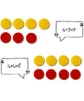 Two Sided Red And Yellow Counting Chips 1000 Piece Set arranged for math equations with visual prompts for kids learning.